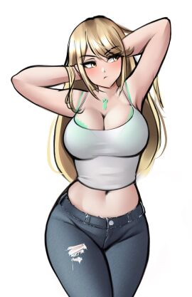 1girls armpits arms_behind_head arms_up belly_button big_breasts blonde_hair blush bra bra_visible_through_clothes breasts cleavage crop_top female hands_behind_head jackary_draws jeans large_breasts light-skinned_female light_skin long_hair looking_away midriff mythra ripped_pants simple_background solo tank_top thick_thighs tight_clothing video_games wide_hips xenoblade_chronicles_2 yellow_eyes