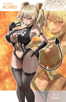 1girls :p achromaru black_gloves black_leotard black_thighhighs blonde_hair blush breasts burnice_white cleavage clothing_cutout curvy demon_tail female gloves hair_ornament hand_on_own_hip large_breasts leotard narrow_waist navel red_eyes short_twintails solo standing stomach tail thighhighs thighs tongue tongue_out twintails v wide_hips zenless_zone_zero zoom_layer