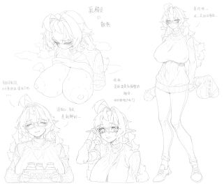 black_and_white breasts character_sheet chinese_text exposed_breasts female glasses looking_at_viewer milk pointy_ears shirt_up shuibaow sketch smiling_at_viewer steaming_body sweater sweater_lift sweaty