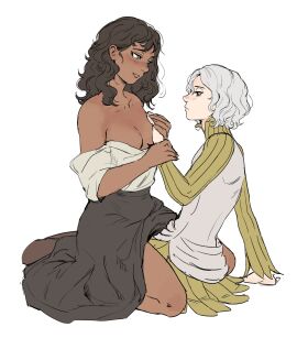 1boy bags_under_eyes between_legs black_eyes black_hair black_skirt blue_eyes blush breasts curly_hair dark-skinned_female dark_skin dungeon_meshi elf female full_body genderswap genderswap_(mtf) grey_hair groping highres kabru kneeling lazy_eye looking_at_another male medium_breasts medium_hair mithrun notched_ear papi_kyo partially_undressed pointy_ears rule_63 shirt shirt_partially_removed short_hair simple_background sitting skirt smile straddling straight uneven_eyes wavy_hair white_background