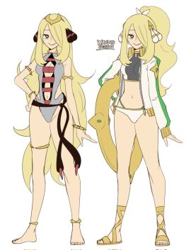 2girls alternate_costume alternate_hairstyle bare_shoulders bare_thighs belly_button bikini blonde_female blonde_hair bracelet breasts champion cleavage costume crop_top cynthia_(pokemon) female female_focus female_only hair hair_ornament hair_over_one_eye leotard long_hair medium_breasts midriff milf milf_body navel one-piece_swimsuit petite petite_body petite_female pokemon pokemon_champion pokemon_trainer ponytail pool_toy sandals small_breasts smile swimsuit swimwear themed_clothes thigh_strap thighs thong thong_bikini wanderjegson white_background