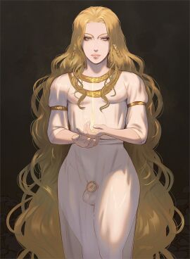 1boy blonde_hair chastity chastity_cage chastity_device elden_ring expressionless femboy flat_chastity_cage fromsoftware lips looking_at_viewer magic male miquella muscular see-through_dress shadow_of_the_erdtree simple_background solo solo_femboy standing targso very_long_hair