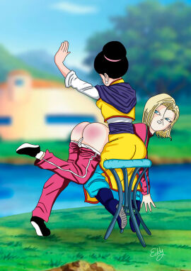 2d 2girls android_18 angry ass black_hair blonde_hair blue_eyes breasts chichi chichi_(majin_buu_saga) china_dress clouds dragon_ball dragon_ball_z earrings enchartament female footwear full_color fully_clothed grass hairbun hoodie house medium_breasts medium_hair milf no_penetration outside over_the_knee over_the_knee_spanking panties panties_down pants_down pink_hoodie pink_sweatpants punishment punishment_spanking shoes sitting_on_stool sky spanking stool sweatpants trees water white_panties
