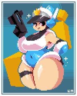 1girls chubby chubby_female cleavage_overflow female female_only gun legendofnerd massive_thighs mighty_switch_force patricia_wagon pixel pixel_(artwork) pixel_art pixelated police police_uniform policewoman solo solo_female thick_thighs wayforward wide_hips