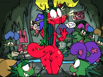 4:3 animated anthro anus_peek background_characters balls bodily_fluids bruised cum female genital_fluids genitals gesture green_body group hand_gesture looking_back male melee_weapon penis polearm red_body roksim scared short_playtime size_difference spear spiko stompo threatening threatening_with_weapon v_sign weapon wide_hips xizarra