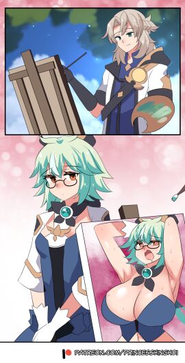 1boy 1girls albedo_(genshin_impact) arms_up big_breasts bimbofication breasts busty cleavage drooling female genshin_impact glasses green_hair heart-shaped_pupils hinghoi horny large_breasts lewd male male/female open_mouth painter painting pose posing sucrose_(genshin_impact) sweat
