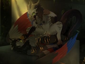 2025 anthro anthro_on_anthro anthro_penetrated anthro_penetrating anthro_penetrating_anthro areola avian beak biped bird bodily_fluids breasts claws cum cum_in_vagina cum_inside demon digital_drawing_(artwork) digital_media_(artwork) dominant dominant_female duo feet female female_penetrated fingers fur genital_fluids genitals gryphon hair hi_res horn lying male male/female male_penetrating male_penetrating_female mythological_avian mythological_creature mythology nipples on_back penetration penile penile_penetration penis penis_in_vagina sepiaflux sex tail toes tongue vaginal_penetration vulva