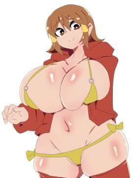 1girls 5-volt bikini breasts brown_eyes brown_hair chicken_rib cleavage female large_breasts looking_at_viewer navel nintendo red_thighhighs shiny_skin simple_background smile solo thick_thighs thighhighs thighs warioware white_background yellow_bikini
