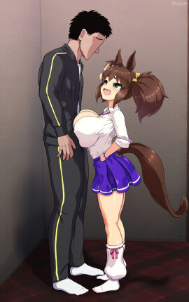 animal_ears big_breasts breasts brown_hair female green_eyes horse_ears horse_girl huge_breasts inari_one_(umamusume) isemagu large_breasts shortstack twintails umamusume umamusume_pretty_derby