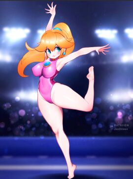 5_fingers blonde_hair blue_eyes breasts feet female female_only gymnastics jaxartdump leotard mario_(series) mario_and_sonic_at_the_olympic_games nintendo one-piece_swimsuit princess_peach solo swimsuit tagme