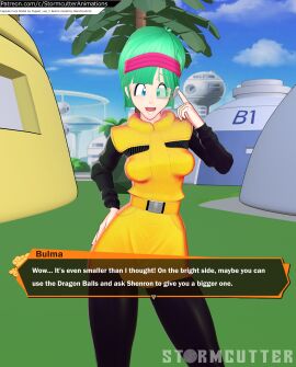 3d adjusting_eyewear anime bulma_briefs bulma_briefs_(frieza_saga) capsule_corp dragon_ball dragon_ball_z female male penis render scouter size_talk small_penis small_penis_humiliation solo sph stormcutter_animations teasing text tinted_eyewear