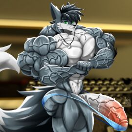 1boy abs anthro artist_name beefy biceps big_muscles big_penis black_body black_hair body_fur bulge canine clothed clothing erection flexing fluffy_tail fox genitals green_eyes grey_body grey_fur gym hi_res huge_biceps huge_cock huge_muscles humanoid_penis hyper hyper_genitalia hyper_muscles hyper_penis jewelry looking_at_viewer male male_only male_thong mammal multicolored_body multicolored_fur muscles muscular muscular_male necklace partially_clothed pecs penis penis_out pose smile solo stretched_clothing taiko-sihori tail thick_thighs two-tone_body two-tone_fur underwear vein veiny_arms veiny_muscles veiny_penis