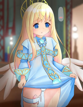 angel blonde_hair blue_dress blue_eyes blush breath chisamitsushi clothes_lift dress emil_chronicle_online female halo highres long_hair outdoors panties pussy pussy_juice raised_inner_eyebrows sex_toy tita_(eco) underwear vibrator vibrator_in_thigh_strap white_panties