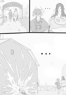 anthro ass barn big_ass big_breasts big_butt bodily_fluids bottomwear bovid bovine bra breasts butterscotch_(wonderslug) cattle clothing cum cum_explosion cum_on_building cum_on_wall dialogue dreamy_pride ear_piercing ear_tag english_text equid equine excessive_cum excessive_genital_fluids farm farmer female genital_fluids group hair hi_res horn hotpants huge_ass huge_breasts huge_butt humor long_hair male mammal monochrome mythological_creature mythological_equine mythology overalls piercing scarecrow shorts text trio underwear unicorn walking