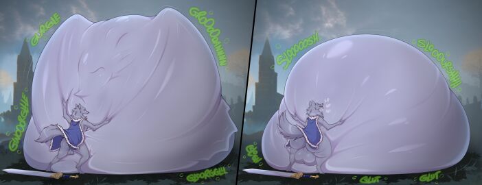 absurd_res after_vore ambiguous_gender ambiguous_prey anthro anthro_pred ass balls balls_expansion belly big_belly blaidd_(elden_ring) bodily_noises butt_expansion canid canine canis different_sound_effects digestion digital_media_(artwork) dragon duo elden_ring english_text expansion fatal_vore fromsoftware fur genital_expansion genitals grey_body grey_fur hi_res huge_belly huge_thighs hyper hyper_belly male male_pred mammal mythological_creature mythological_scalie mythology onomatopoeia scalie size_difference sound_effects tail text thick_thighs thigh_expansion vore weight_gain wolf ziravore