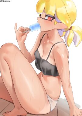 agent_4_(splatoon) blonde_hair blunt_bangs cleavage female inkling inkling_girl jtveemo mole mole_under_eye navel_piercing panties pointy_ears popsicle popsicle_in_mouth skimpy_top skimpy_topwear splatoon splatoon_(series) splatoon_2 tagme tanline tentacle_hair yellow_hair