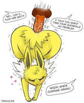 absurd_res all_fours anal anal_orgasm anal_sex animal_genitalia animal_penis anthro anthro_only anus ass ass_up blush bodily_fluids closed_eyes eeveelution equine_genitalia equine_penis female feral generation_1_pokemon generation_7_pokemon genitals group hi_res jolteon male male/female mudsdale nintendo penetration penis pokemon pokemon_(species) shaking speech_bubble sweat tenkoles trembling yellow_body