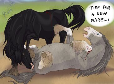 2018 ambiguous_gender animal_genitalia animal_pussy black_body black_fur black_mane black_tail blood_on_leg blue_eyes breasts crotchboobs dated duo equid equine equine_genitalia equine_pussy female feral fur genitals grey_body grey_fur grey_mane horse leg_markings lying mammal mane markings on_back open_mouth pussy rufciu side_view signature small_crotchboobs socks_(marking) tail white_body white_fur wounded