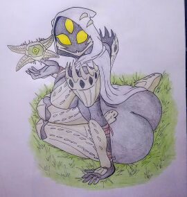 1girls 3_eyes armor armored_female ass breasts bungie destiny_(game) destiny_2 female female_focus ghost_(destiny) grass hive_(destiny) hive_acolyte hive_guardian large_ass looking_at_viewer looking_back looking_back_at_viewer moraspartan multi_eye sitting sitting_down thick_ass traditional_media traditional_media_(artwork) yellow_eyes