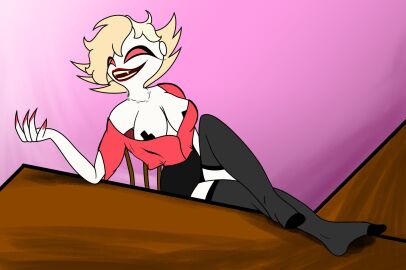 2021 alternate_version_at_source alternate_version_available blonde_hair cleavage demon demon_girl ear_piercing earrings female hazbin_hotel jewelry katie_killjoy l3galc0n light-skinned_female light_skin pale-skinned_female pale_skin pearl_earrings red_eyes sharp_fingernails socks stockings tagme thick_thighs thighhighs vivienne_medrano vivziepop wardrobe_malfunction white_skin x_pasties