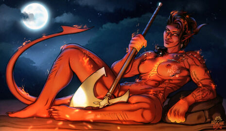 2023 2_horns 5_toes abs areola arm_tattoo arschiensfw athletic athletic_female athletic_humanoid axe bag baldur's_gate baldur's_gate_3 barbell_piercing battle_axe biceps biped black_hair black_horn black_tattoo breasts broken_horn claws cloud curled_horn demon demon_humanoid dungeons_and_dragons ear_piercing ear_ring eyebrow_barbell eyebrow_piercing eyebrows eyelashes facial_piercing feet female female_humanoid fire firelight full_moon genitals hair holding_battle_axe holding_melee_weapon holding_object holding_weapon horn humanoid humanoid_pointy_ears karlach light lighting lips long_hair looking_at_viewer medium_breasts melee_weapon moon moonlight multicolored_hair multiple_piercings nails night nipples nose_piercing nose_ring nude nude_female nude_humanoid obliques orange_eyes outside piercing plantigrade pupils pussy reclining red_areola red_body red_hair red_lips red_nipples red_pussy red_skin red_tail ring_piercing septum_piercing septum_ring shaded signature sky slit_pupils smile smirk solo spade_tail star starry_sky tail tattoo tiefling toe_claws toenails toes two-tone_hair watermark weapon