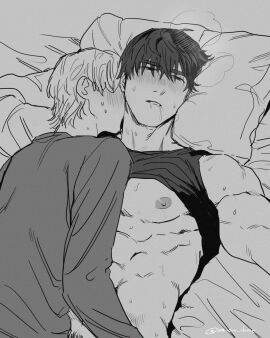 2boys bed black_eyes black_hair blush gay grey_background lying lying_on_back male male_only monochrome multiple_boys multiple_males muscular muscular_male nipples original parted_lips shirt_lift size_difference sweat tank_top yaoi yukibi_(ykb)