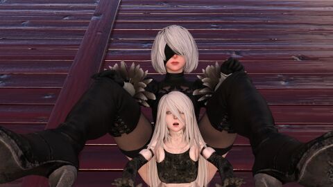 2girls 3d blindfold breasts female female_only fulakenasi giantess hairband large_female light-skinned_female light_skin long_hair low-angle_view macro micro mini_giantess nier nier:_automata short_hair size_difference white_hair yorha_2b yorha_a2