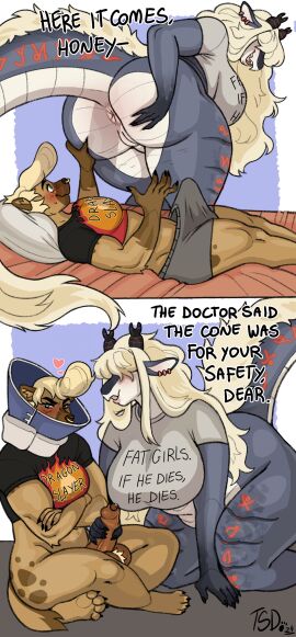 absurd_res anthro anus ass balls balls_tuft big_ass big_breasts big_butt blonde_hair blush bottomless breasts broken_neck brown_body brown_fur bulge cellulite clothed clothing cone_of_shame death_by_snu_snu denise_dippens_(character) dragon duo erection facial_piercing female foreskin fur futa/female futanari genitals grey_body grey_scales hair hair_over_eyes handjob hi_res horn huge_ass huge_breasts huge_butt humanoid_genitalia humanoid_penis hyena imminent_facesitting intersex intersex/female long_hair mammal medical_instrument mythological_creature mythological_scalie mythology neck_brace nose_piercing nose_ring overweight overweight_anthro overweight_female penile penis piercing pompadour pussy ring_piercing scales scalie scientific_instrument sex shirt spotted_hyena t-shirt tenting text text_on_clothing text_on_shirt text_on_topwear thatsexdog thick_thighs topwear tuft uncircumcised voluptuous_anthro voluptuous_female