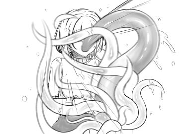 1girls body_invasion clothed_sex clothing female gift monochrome mumi-daohu open_mouth oral oral_invasion original penetration present shirt short_hair tentacle turtleneck unwrapping wide_eyed