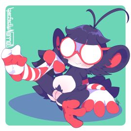 2024 absurd_res ambipom anus arm_warmers armwear blush clothing crotch_tuft cuntboy eyewear feet foot_focus footwear freckled_pussy freckles generation_4_pokemon genitals glasses hi_res intersex legwear mammal nintendo perfectlynormal pokemon pokemon_(species) prehensile_feet primate pussy riley_(perfectlynormal) round_glasses sitting socks solo spread_legs spread_toes spreading thigh_highs toes tuft