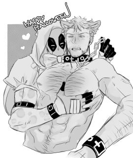 2boys big_bad_wolf_(cosplay) chain_leash collar cosplay dandw_724 deadpool deadpool_&_wolverine_(2024) gay hairy halloween_costume hood_up large_pectorals leash little_red_riding_hood_(copyright) little_red_riding_hood_(cosplay) male male/male male_only marvel marvel_comics mask monochrome mutant_(marvel) mutate_(marvel) nipples open_mouth pectoral_grab pectorals wolf_ears wolverine_(x-men) x-men yaoi