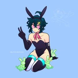 ahoge android blue_hair breasts bunny_boy bunny_ears bunnysuit femboy friday_night_funkin glitchdroid green_hair kou_(glitchdroid) male male_only pink_eyes rabbit ribbon small_breasts thighs v