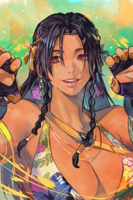 alluring armband backwards_text big_breasts bikini black_hair bra cleavage dark-skinned_female dark_skin earrings female fingerless_gloves floral_print floral_print_bikini gloves green_armband hungry_clicker jewelry long_hair looking_at_viewer miary_zo multicolored_bra namco padded_gloves print_bikini red_eyes smile swimsuit tekken tekken_8 underwear yellow_armband yellow_nails