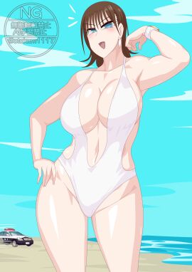1girls alluring auburn_hair avataro_sentai_donbrothers beach big_breasts blue_eyes blue_sky breasts cleavag female ocean one-piece_bikini otokam1117 pin_up sononi super_sentai
