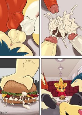 absurd_res ampharos angry annoyed anthro anus apron artist_name ass bacon balls beak big_ass big_butt big_penis black_clothing black_sclera black_topwear blaziken blinds blue_eyes bodily_fluids bottomless burger cheese clothed clothing comic crossed_arms cum cum_on_food cum_on_plate dairy_products erection feather_hair feathers flaccid food freckled_face freckles gay generation_2_pokemon generation_3_pokemon genital_fluids genitals glans group hair hi_res hoodie kiffy_(artist) lettuce looking_down male male/male meat narrowed_eyes nintendo orange_body orange_feathers overweight overweight_anthro overweight_male penis plant plate pokemon pokemon_(species) pseudo_hair red_body red_clothing red_eyes red_hoodie red_topwear restaurant saggy_balls topwear torchic torchy typhlosion vegetable vein white_eyes window yellow_body yellow_sclera