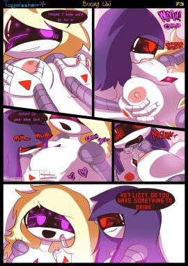 2024 2d 2girls blonde_hair blush boozy_uzi breast_grab breast_squeeze breast_sucking breasts comic dialogue doll_(murder_drones) english_text female female_only glitch_productions heart lesbian lesbian_sex lizzy_(murder_drones) mob_face multiple_females multiple_girls murder_drones nipples page_73 purple_hair robot robot_girl sucking_nipples text touching_breast toyslasher white_body worker_drone yuri