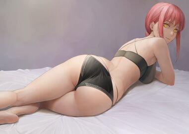 1girls ano_(gccx8784) ass back bare_shoulders barefoot bed_sheet black_bra black_panties bra braided_ponytail breasts chainsaw_man female foot_out_of_frame large_breasts lingerie looking_at_viewer looking_back lying makima_(chainsaw_man) on_bed on_stomach panties red-haired_female red_hair ringed_eyes smile solo thighs underwear underwear_only yellow_eyes