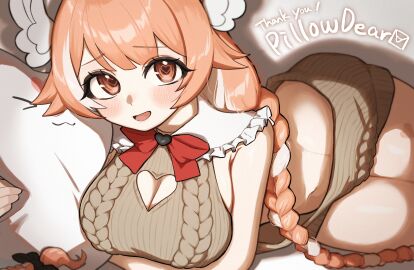 1girls :d alternate_costume aran_sweater birthmark blush bow bowtie braid breasts cable_knit cleavage cleavage_cutout clothing_cutout collar commission dress english_text female female_only frilled_collar frills fujinari head_wings heart heart-shaped_pupils heart_cutout highres hugging_object indie_virtual_youtuber large_breasts long_hair looking_at_viewer lying meme_attire midriff multicolored_hair navel official_alternate_costume on_side open_mouth orange_eyes orange_hair pillow pillow_hug pillowdear red_bow red_bowtie sideboob simple_background skeb_commission sleeveless sleeveless_sweater smile solo solo_female streaked_hair stuffed_toy sweater sweater_dress symbol-shaped_pupils thank_you thighs twin_braids two-tone_hair virgin_killer_sweater virtual_youtuber vtuber white_hair white_wings wings