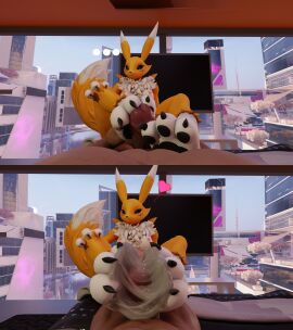 3_toes 3d anthro_on_human cum_on_feet digimon foot_fetish footjob renamon smug_face woomywarrior