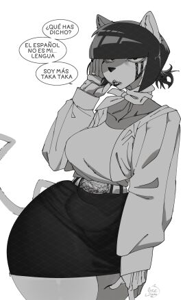 ass big_ass big_breasts big_butt big_thighs big_titties black_and_white black_hair breasts cat_ears cat_girl cat_tail catgirl clothing curvaceous curvaceous_female curvaceous_figure curvy curvy_figure curvy_hips female female_focus female_only furry furry_female furry_only looking_at_viewer monochrome orca_limon original original_character short_hair spanish_text text text_bubble
