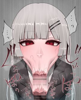<: blowjob grey_hair hime_cut hypnosis original_character pubic_hair_on_face puritika red_eyes vacuum_oral