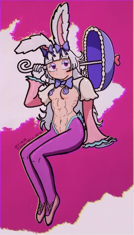 1girls abs artist_request artist_signature blush bow bowtie bunny_ears bunny_girl bunny_tail bunnysuit gloves long_hair long_sleeves maebari muscles muscular_female original_character pasties purple_eyes rabbit_ears rabbit_girl rabbit_humanoid reverse_bunnysuit sole_female solo_female solo_focus umbrella white_hair