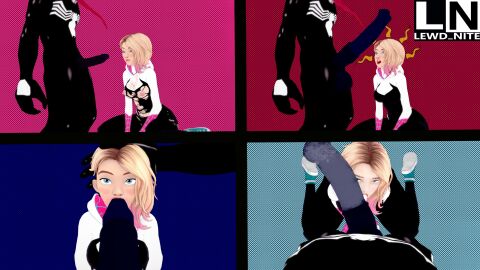 1boy 1girls 3d blowjob cock_shock cock_worship cum_in_mouth cum_on_face cum_on_penis dubious_consent eyebrow_piercing female forced_oral gwen_stacy hand_on_head lewd_nite male marvel marvel_comics penis shaved_side spider-gwen straight superhero superhero_costume superheroine venom_(marvel)