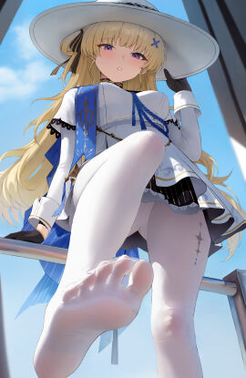 absurdres black_gloves blonde_hair blush breasts commentary dress female gloves hat highres holding holding_unworn_clothes holding_unworn_hat impossible_clothes impossible_dress leaning_back long_hair long_sleeves looking_at_viewer looking_down medium_breasts open_mouth outdoors paid_reward_available pantyhose phoebe_(wuthering_waves) purple_eyes redshark_(t373412) skirt soles solo standing standing_on_one_leg tacet_mark_(wuthering_waves) teeth toes unworn_hat unworn_headwear white_dress white_hat white_pantyhose white_skirt wuthering_waves