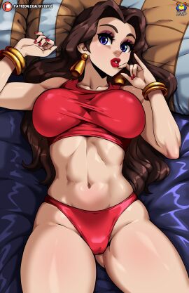 1girls absurdres artist_logo artist_name blue_eyes bra bracelet breasts brown_hair cowboy_shot earrings female hashtag-only_commentary highres jewelry kyoffie large_breasts laying_on_bed logo long_hair looking_at_viewer lying mario_(series) navel nintendo on_back panties parted_lips patreon_logo patreon_username pauline pauline_(mario) purple_eyes red_bra red_lingerie red_lips red_lipstick red_nails red_panties solo stomach super_mario_odyssey thong underwear