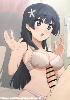 1futa 1girls :o balls bangs bar_censor big_breasts big_penis black_hair blue_eyes bottomless bra breasts censored clothed clothing dressing_room duo english_commentary english_text erection female female_focus frip futa_on_female futanari grey_bra grey_panties hands_up highres human indoors intersex large_breasts light-skinned_female light-skinned_futa light_skin long_hair mostly_nude navel open_mouth paid_reward_available paizuri panties patreon_username penis penis_to_breast saten_ruiko sleepy_frippy solo_focus speech_bubble to_aru_kagaku_no_railgun to_aru_majutsu_no_index uiharu_kazari underwear underwear_only
