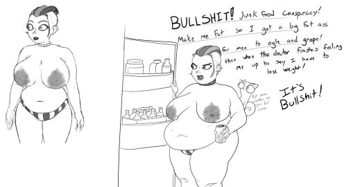 1girls areolae b-mage belly big_belly big_breasts breasts dialogue fat female female_focus foamy_the_squirrel germaine_endez kitchen neurotically_yours nipples obese overweight overweight_female panties piercing piercings punk refrigerator short_hair solo_focus squirrel text weight_gain