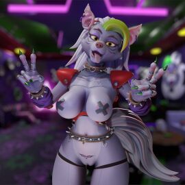 3d animatronic anthro belt big_breasts bracelet breasts canid canine canis collar double_v_sign ear_piercing ear_ring female five_nights_at_freddy's five_nights_at_freddy's:_security_breach fnaf genitals gesture hand_gesture hi_res jewelry machine mammal mauve_suma mayosplash nipple_tape pasties piercing pubic_tattoo pussy ring_piercing robot roxanne_wolf_(fnaf) roxanne_wolf_(mayosplash) scottgames solo spiked_bracelet spikes steel_wool_studios tape tattoo thick_thighs tongue tongue_out v_sign wolf yellow_eyes