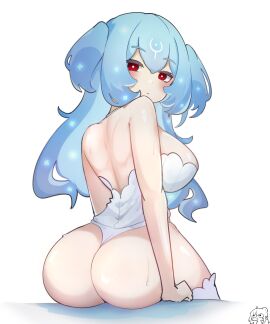 1girls ass back_view bao_(vtuber) blue_hair breasts clothing exposed_shoulders female indie_virtual_youtuber large_breasts looking_at_viewer sae_art sitting solo sweat virtual_youtuber vtuber white_background