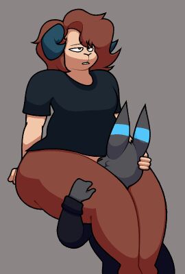 2023 alex_(epic_alex_furry) ambiguous/ambiguous ambiguous_gender anthro black_body black_fur bottomless bovid brown_body brown_fur brown_hair caprine chip_at_night clothed clothing duo eeveelution fur generation_2_pokemon goat hair hand_on_head hand_on_leg hand_on_thigh horn joey_(spice) male male_(lore) mammal nintendo oral partially_clothed pokemon pokemon_(species) pokemorph shiny_pokemon umbreon